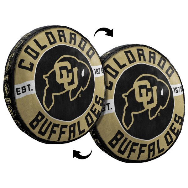 This pillow has Colorado on top and buffaloes on bottom in black. A large CU Buffalo logo sits in the center. 1876 is on the left side. Repeating CU Buffaloes and Buffs adorn the perimeter.